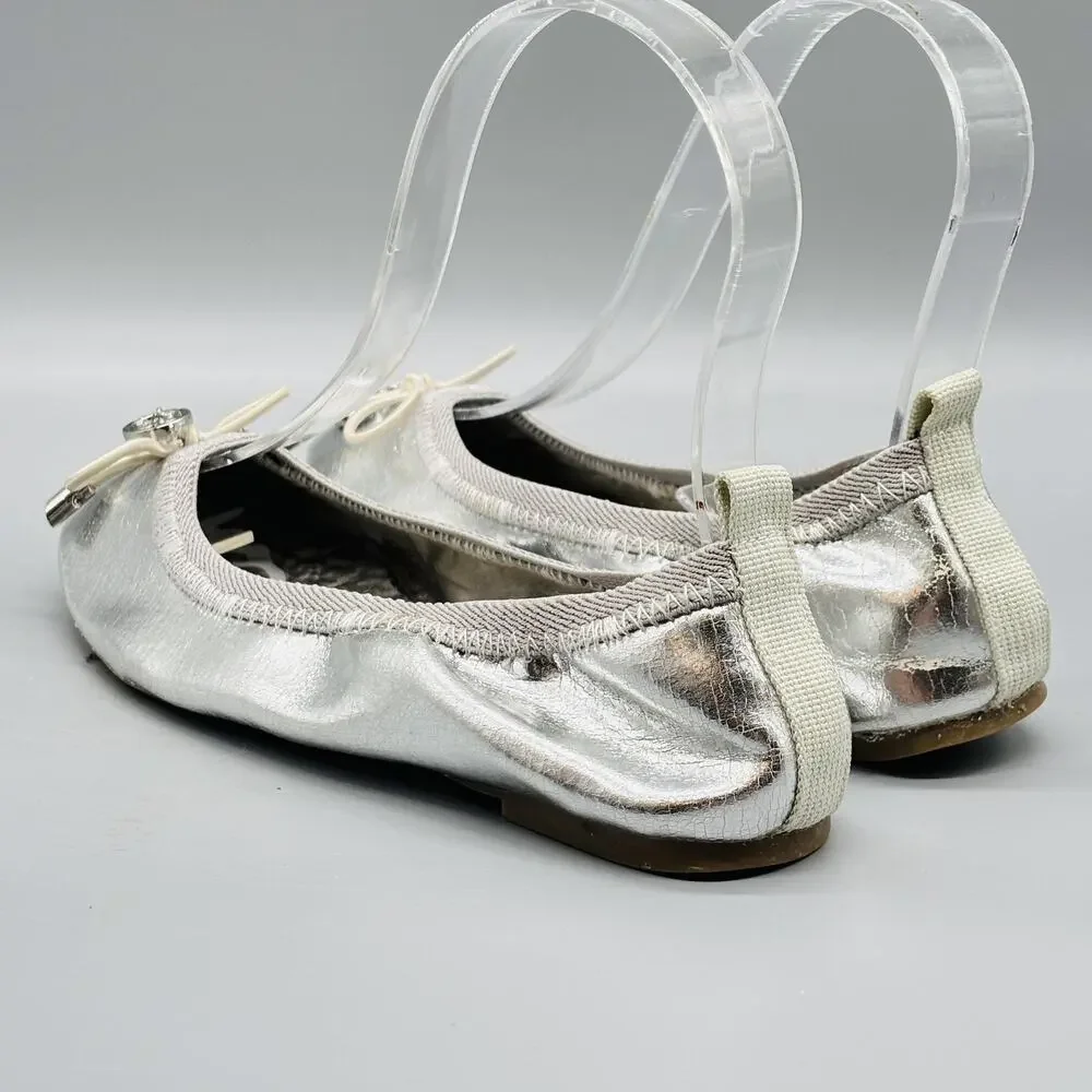 Sam Edelman Shoes Kids Girls 13 Silver Metallic Farren Ballet Flats Bow Slip On